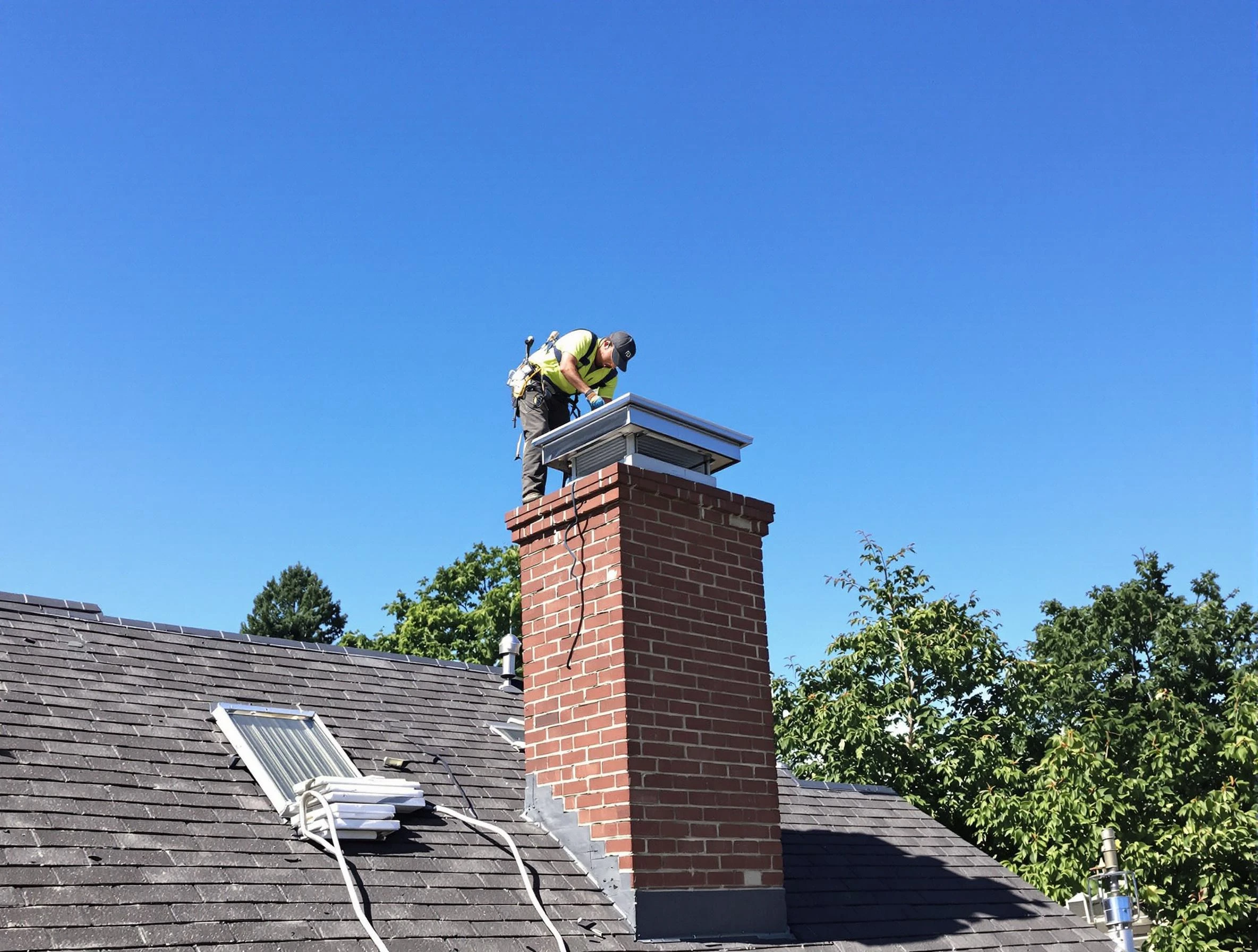 Vinings Chimney Sweep technician measuring a chimney cap in Vinings, GA